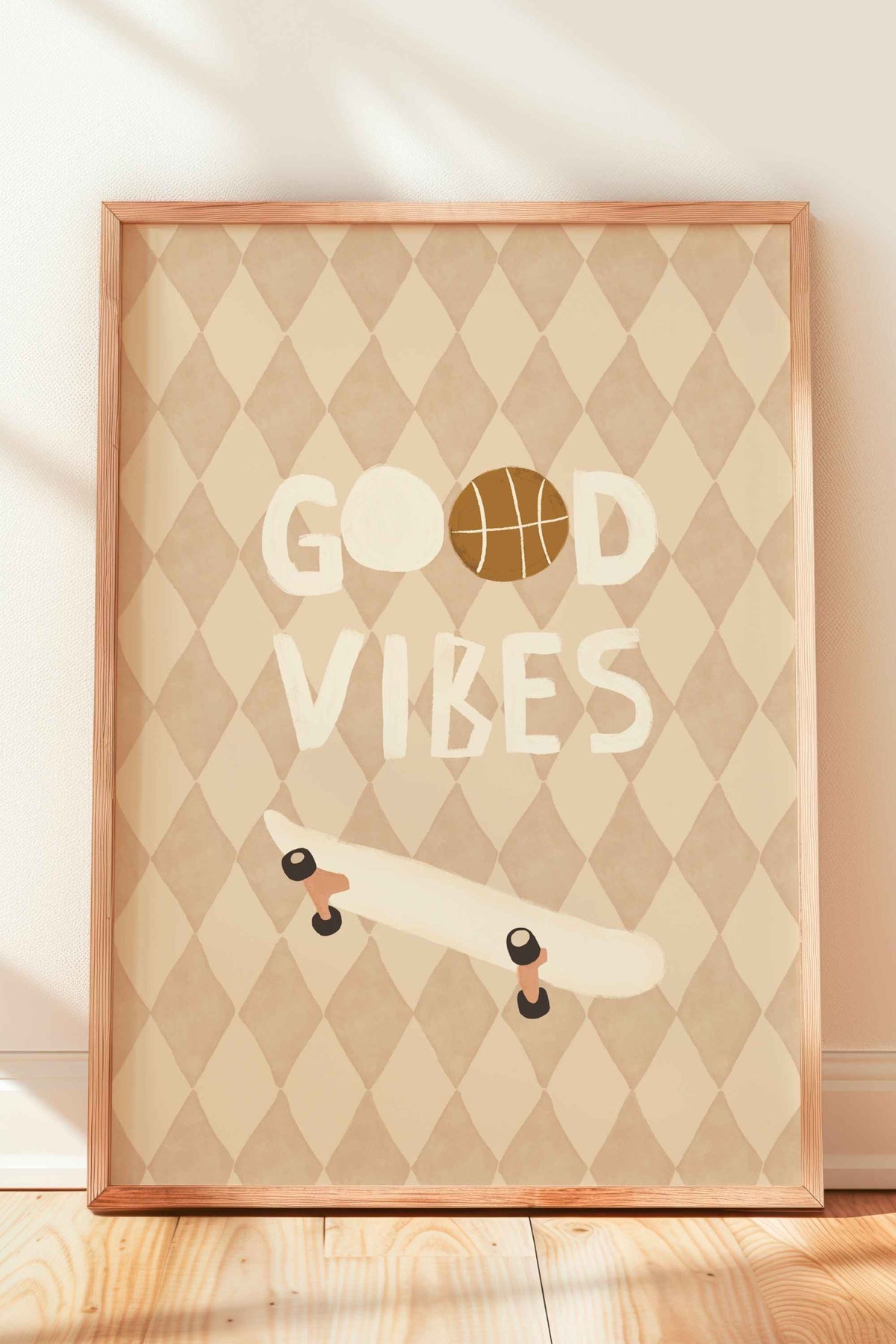 Kleurrijke handgeschilderde jongenskamerposter Good Vibes skateboard