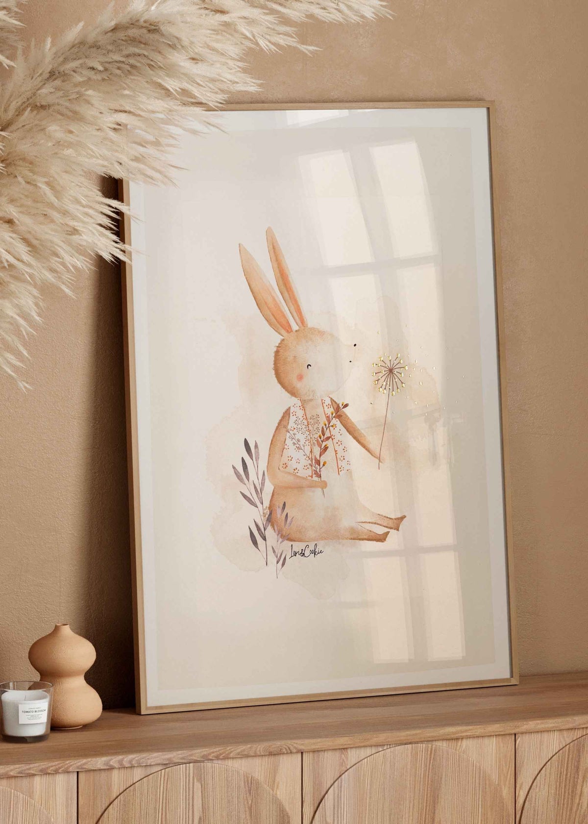 Handgeschilderde aquarel kinderkamerposter Konijntje Mia met goudfolie