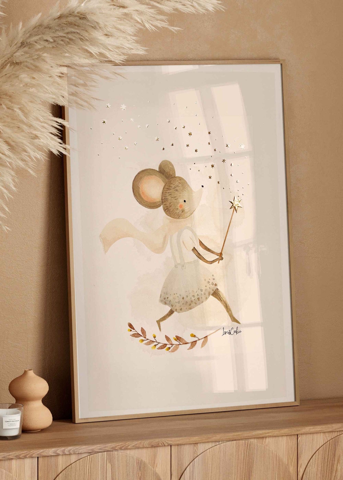 Handgeschilderde aquarel kinderkamerposter Maggie Muis met goudfolie