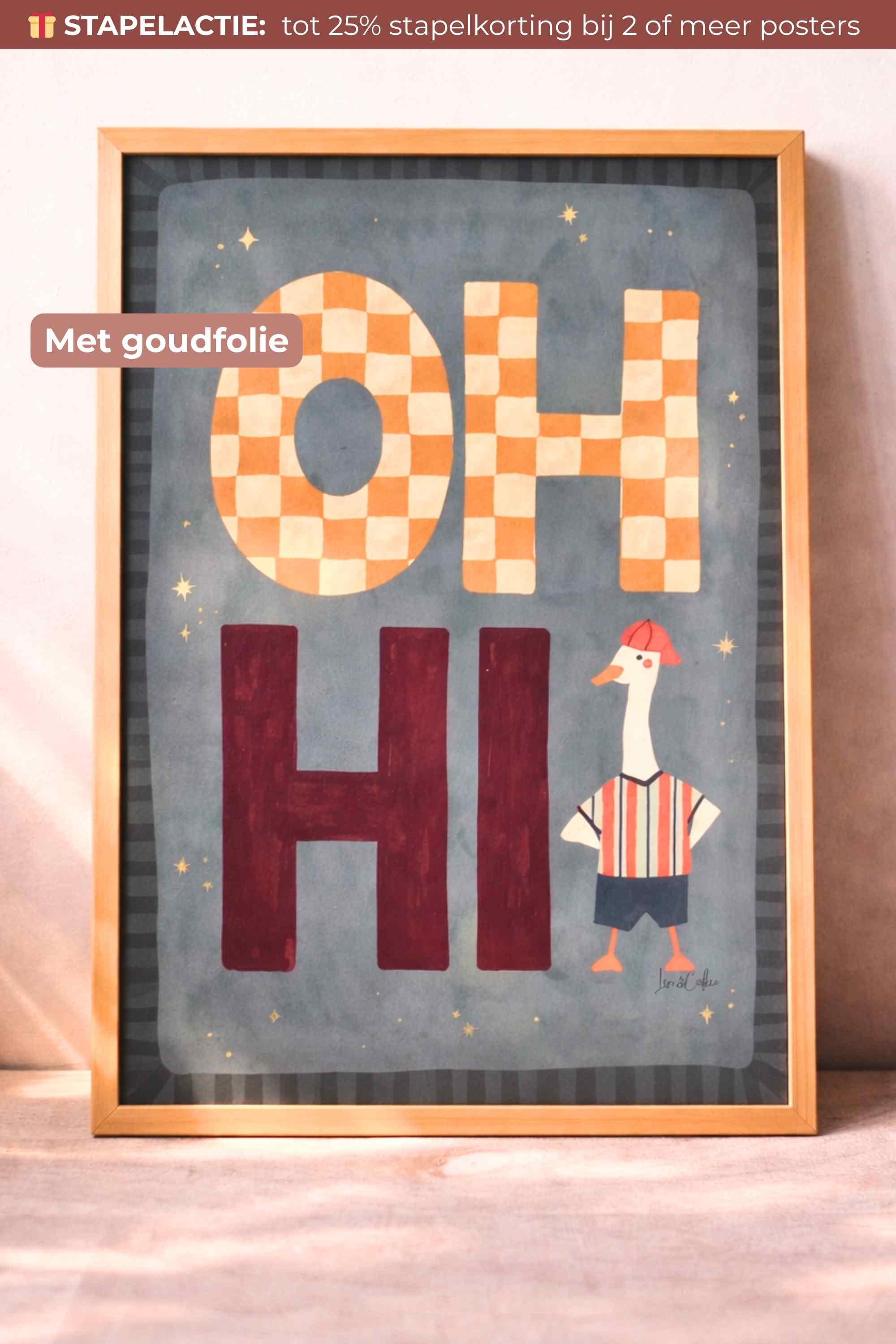 Handgeschilderde kinderkamerposter Oh Hi met gans en goudfolie details