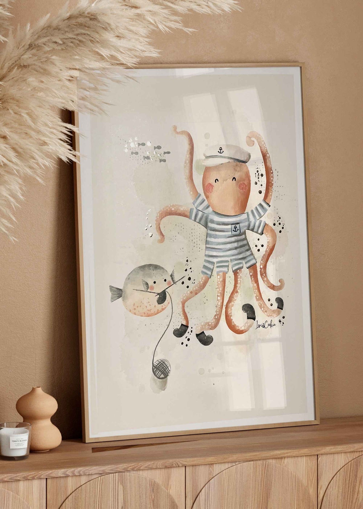 Handgeschilderde aquarel kinderkamerposter Ollie Octopus met goudfolie, zeedieren