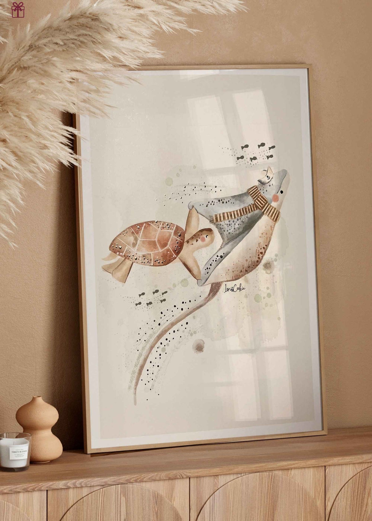Handgeschilderde aquarel kinderkamerposter Sammie Schildpad en Roger Rog met goudfolie