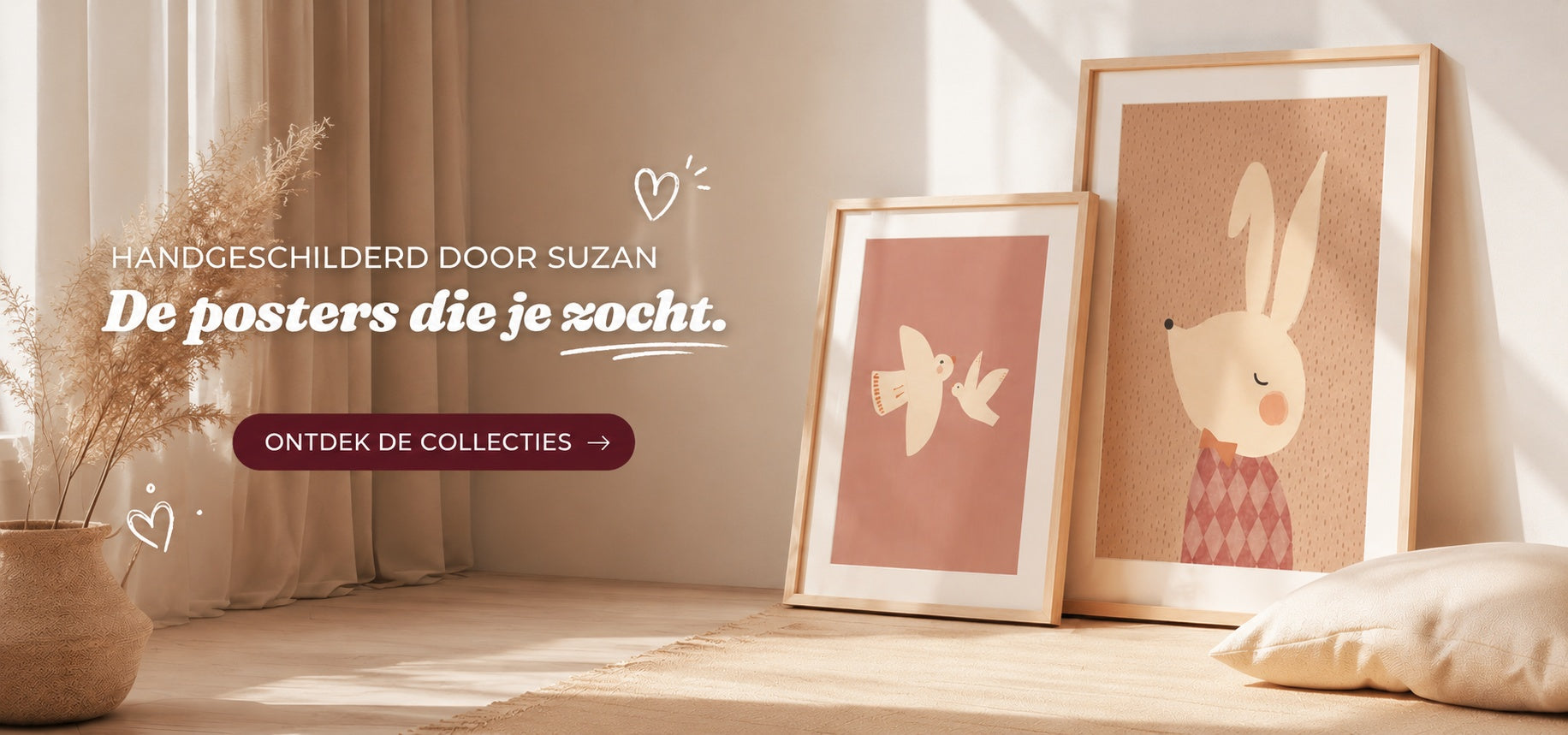 handgeschilderde kinderkamer posters roze poster vogels en konijn met strikje