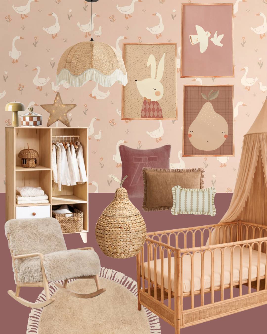 Moodboard voor een roze babykamer met terra cotta gansjesbehang, paarse accenten en warme bruine details als inspiratie voor een stijlvolle meisjeskamer