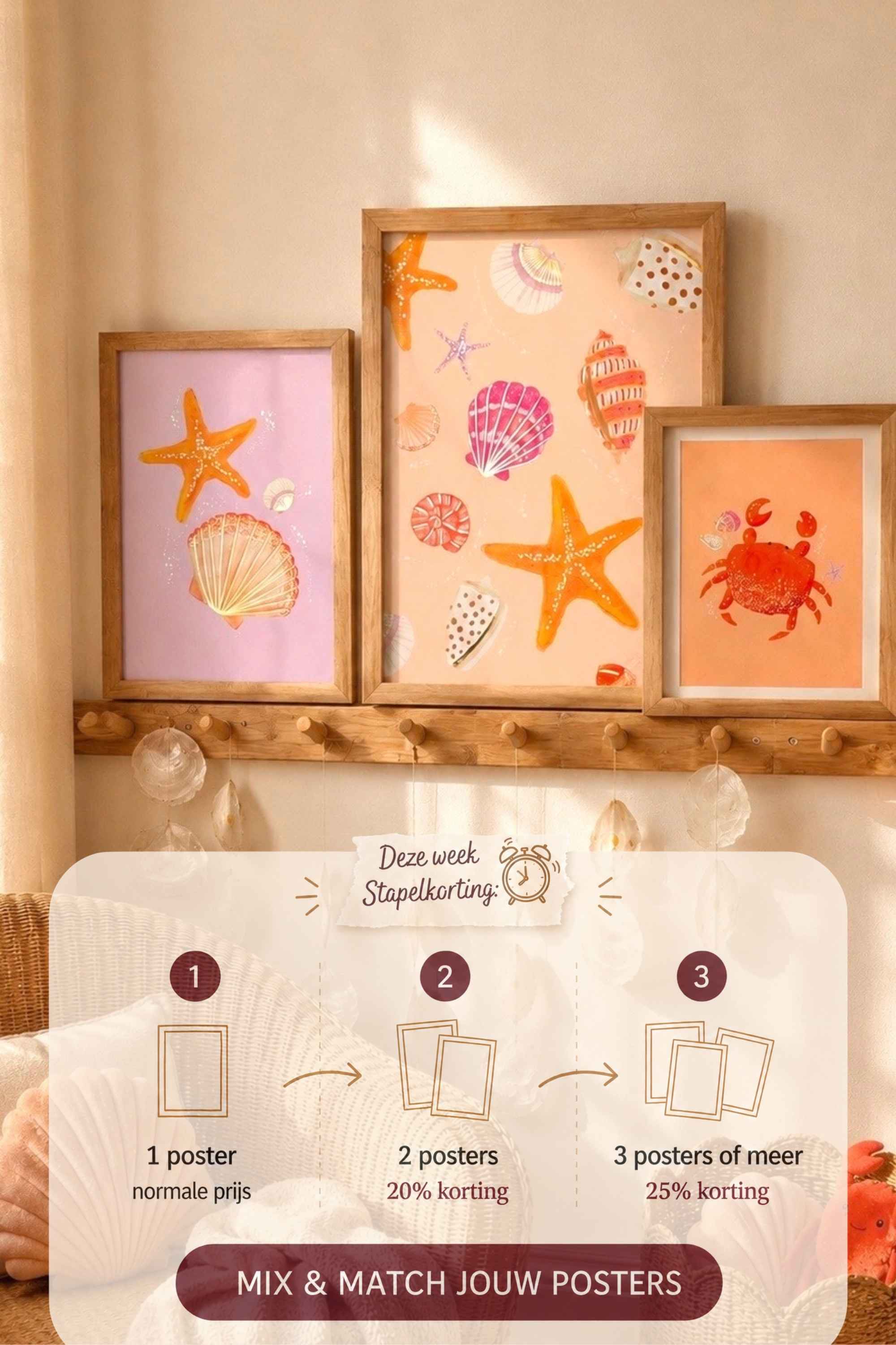Poster set met schelpen, zeester en krab voor een kinderkamer met stapelkorting