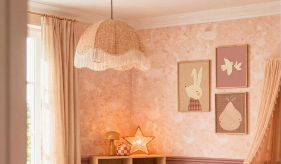 Roze babykamer met bruine en paarse tinten, houten meubels en natuurlijke rotan materialen, geïnspireerd op gansjesbehang van Esta Home.