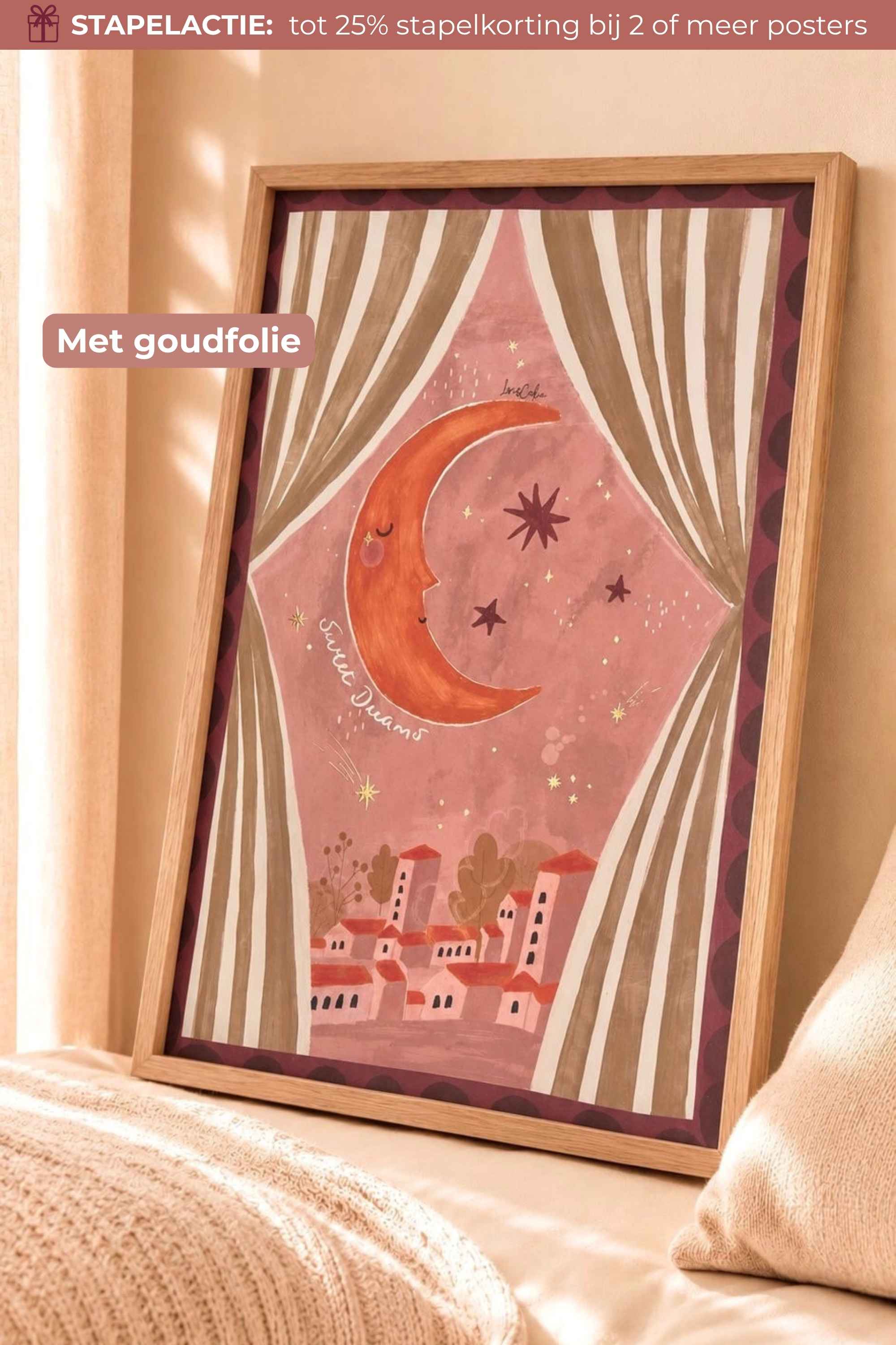 Handgeschilderde Kinderkamer Poster Goudfolie - Slapende Maan - A3