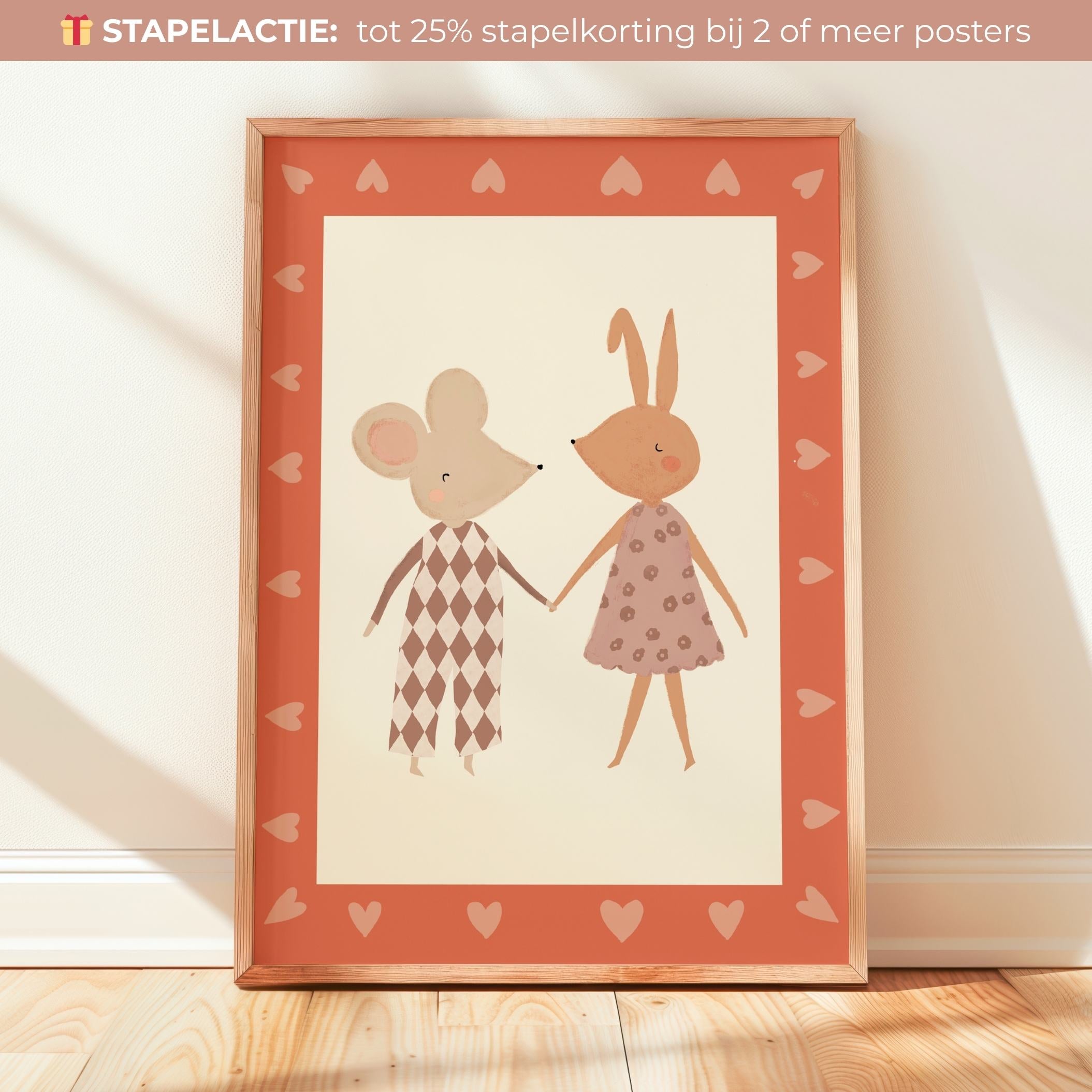 Handgeschilderde Kinderkamer Poster - Muis & Konijn met Hartjes