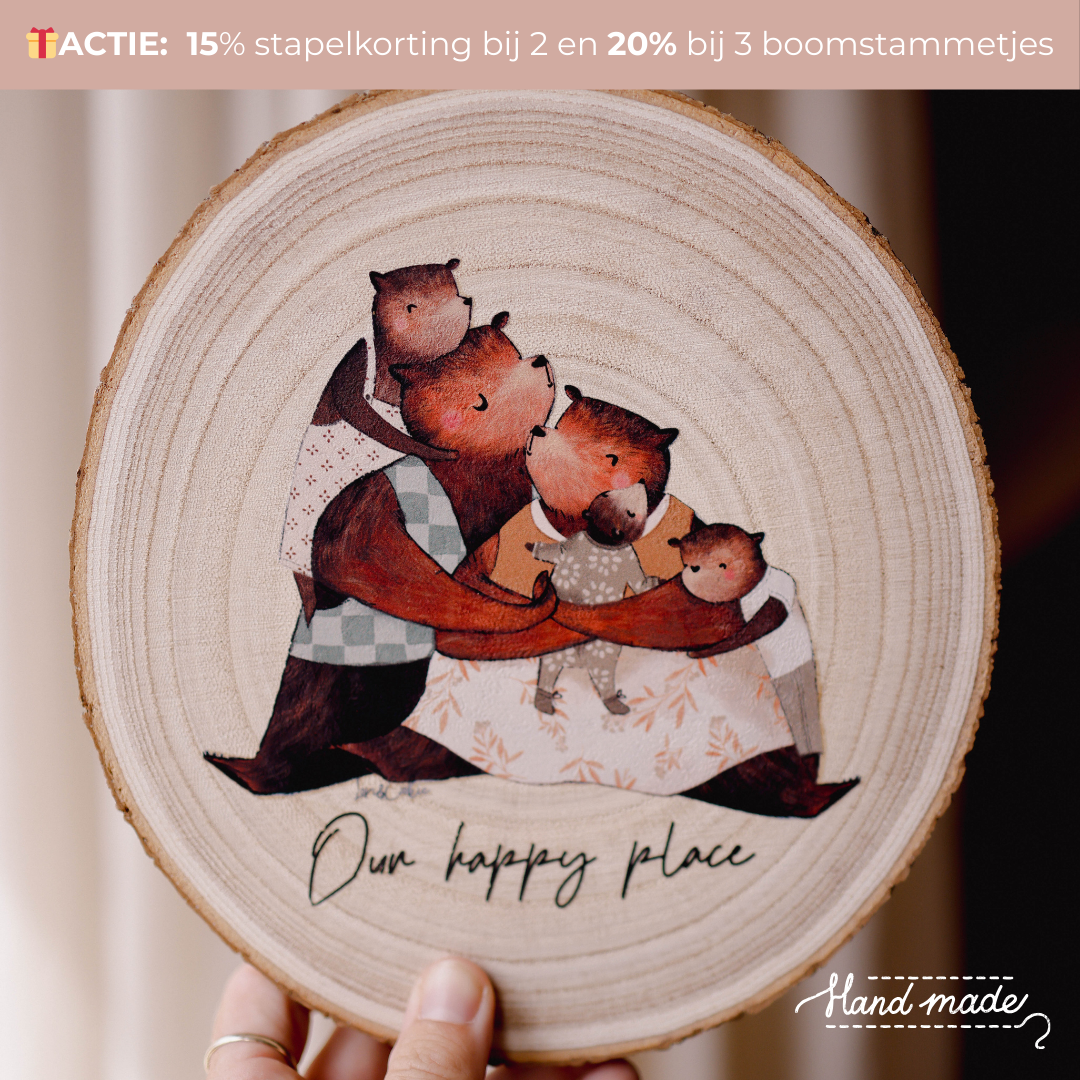 Handgemaakte houten boomstammetjes met berenfamilie illustratie - Ø 20cm