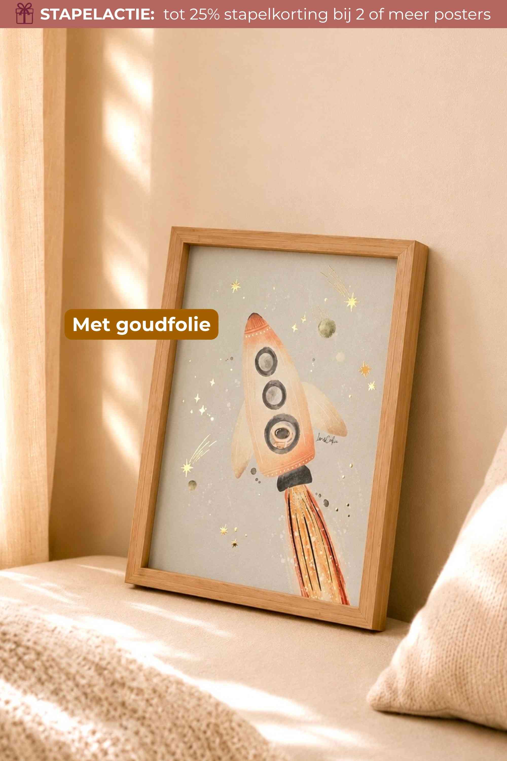 Goudfolie kinderkamer poster - Raket 15x21cm (A5)