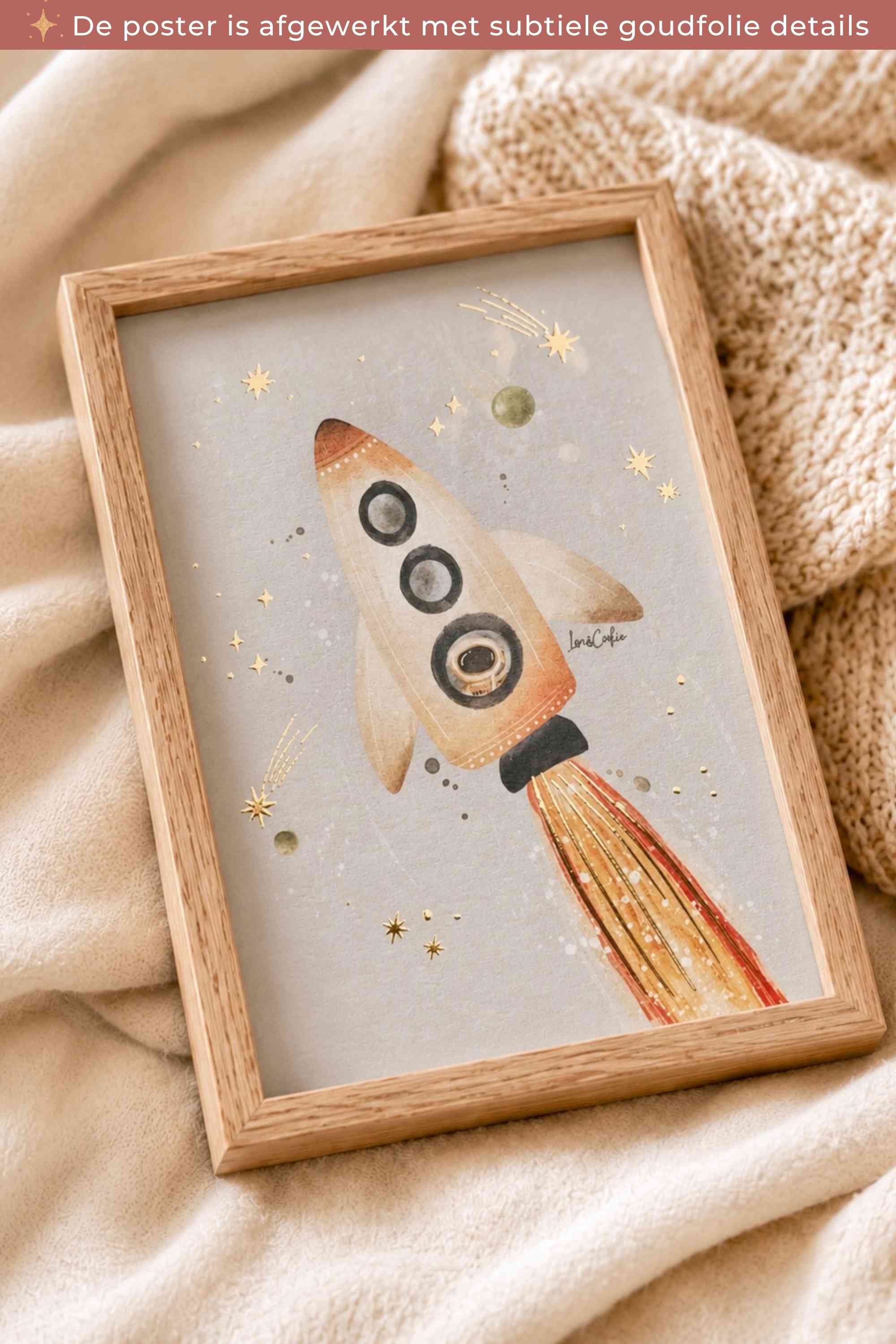Goudfolie kinderkamer poster - Raket 15x21cm (A5)