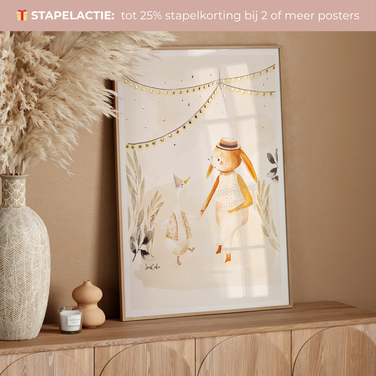 Handgeschilderde kinderkamer poster met goudfolie – "Het Tuinfeestje" (A3/A4)