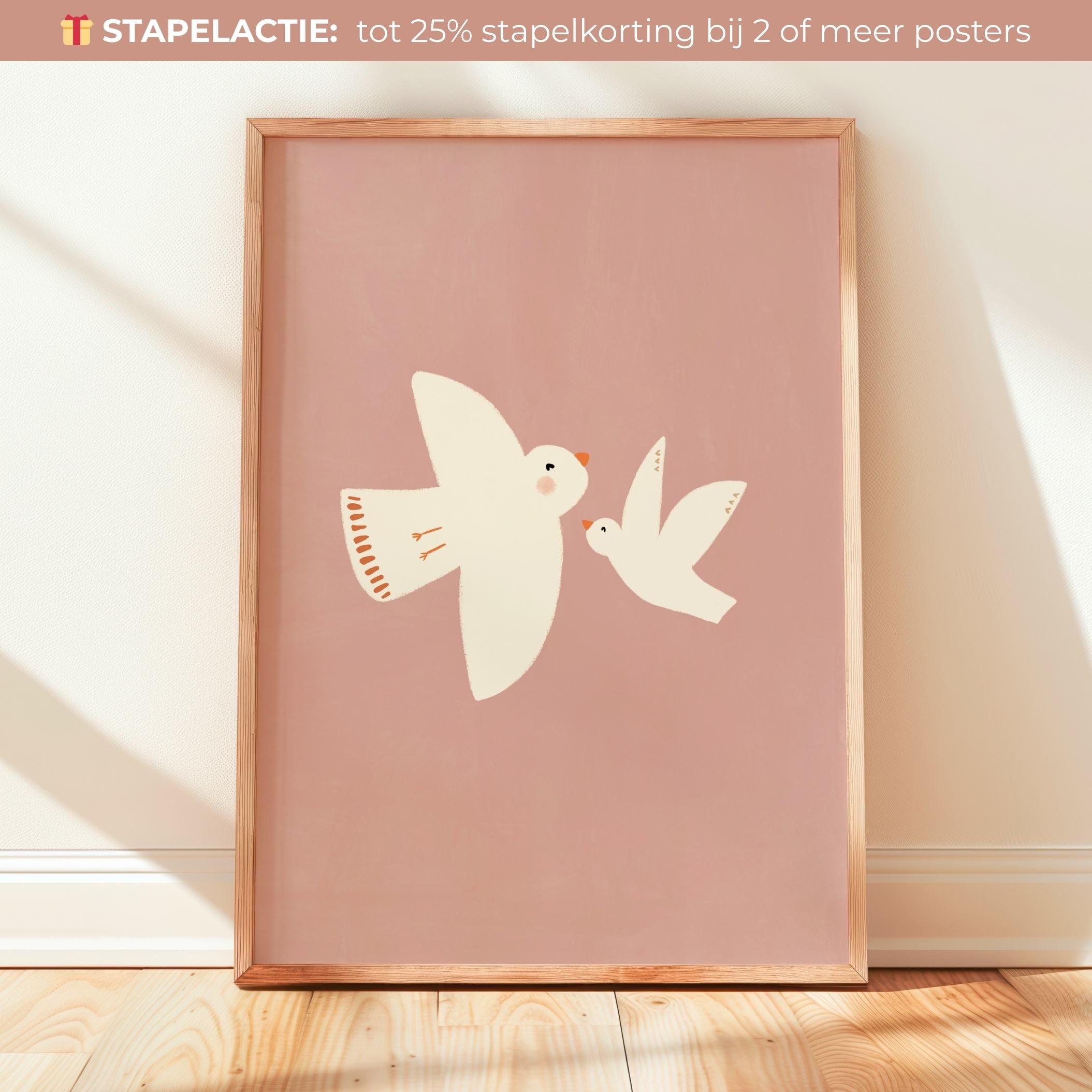 Handgeschilderde Kinderkamer Poster - Mama & Baby Vogel