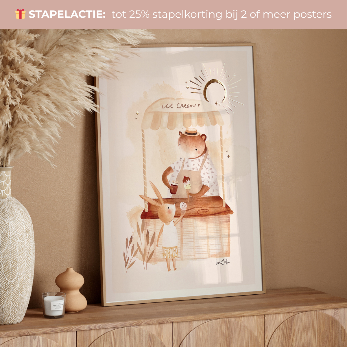 Handgeschilderde kinderkamer poster met goudfolie – "De Ijsco Kar" (A3/A4)