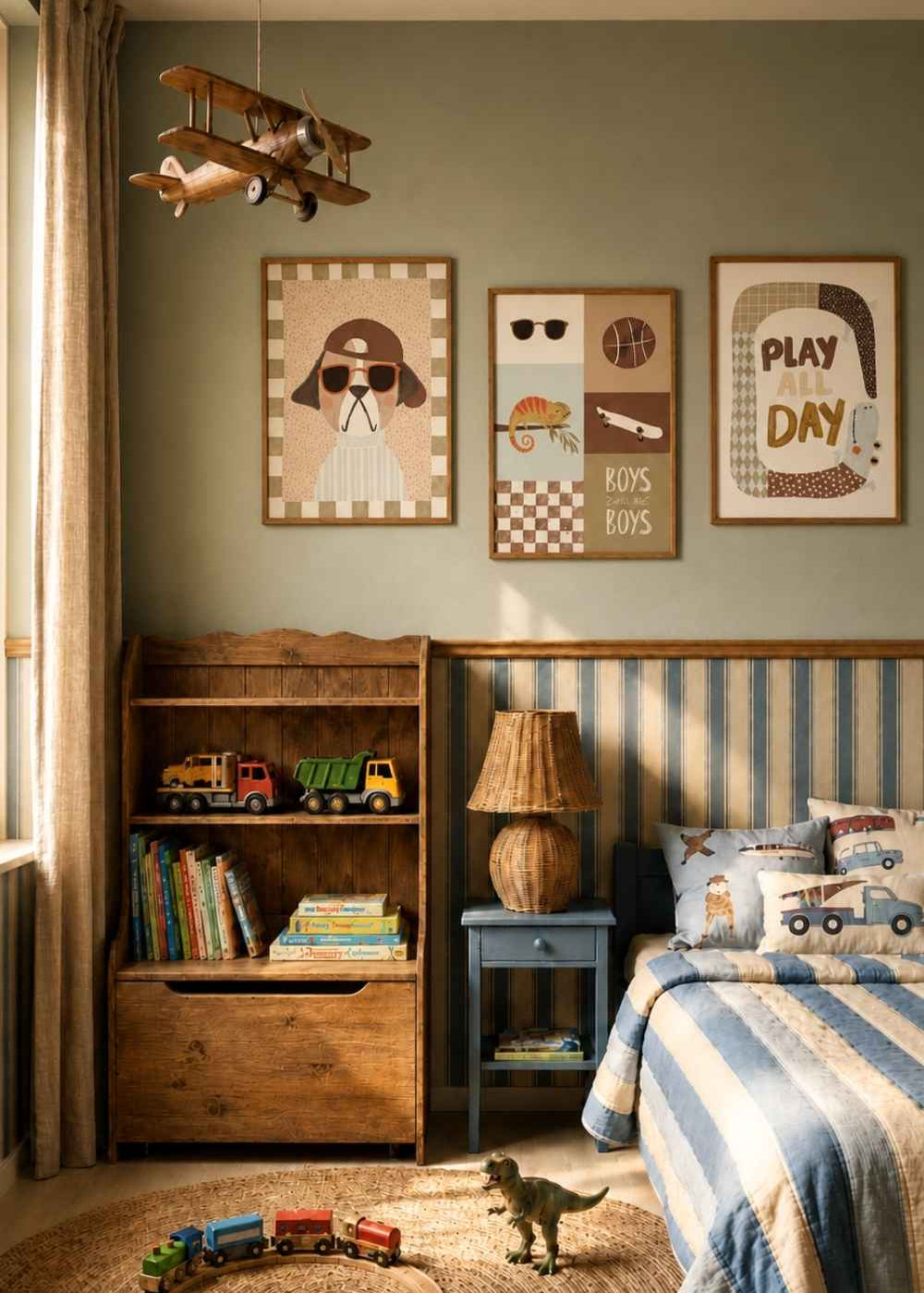 Jongenskamer in groentinten, met blauw gestreepte lambrisering en poster met hond, krokidil en boys letters van Lori & Cookie Kidsdeco