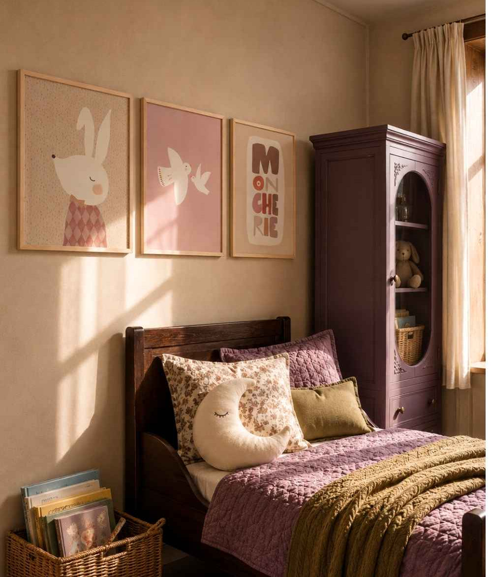 Vintage Meisjeskamer inspiratie in aubergine paarse en olijfgroene tinten. Met vrolijke en kleurrijke retro dierenposters van een konijn en vogel