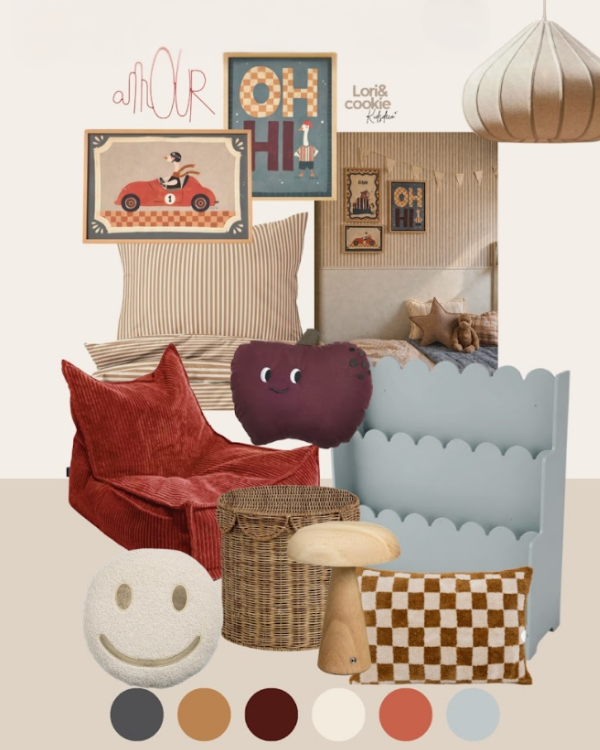 Moodboard Scandinavische jongenskamer in beige en blauwtinten, met shoplinks