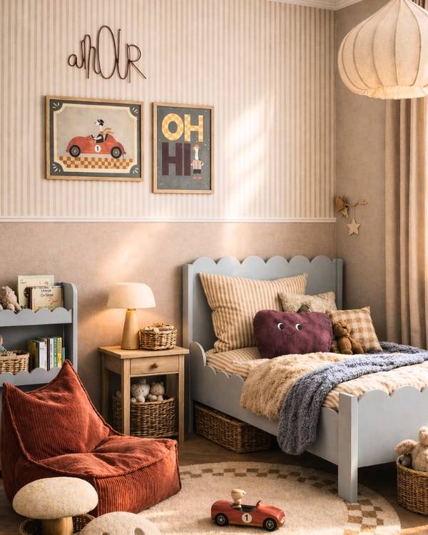 Kleine jongenskamer met decoratieve posters, zachte verlichting en een gezellige Scandinavische uitstraling
