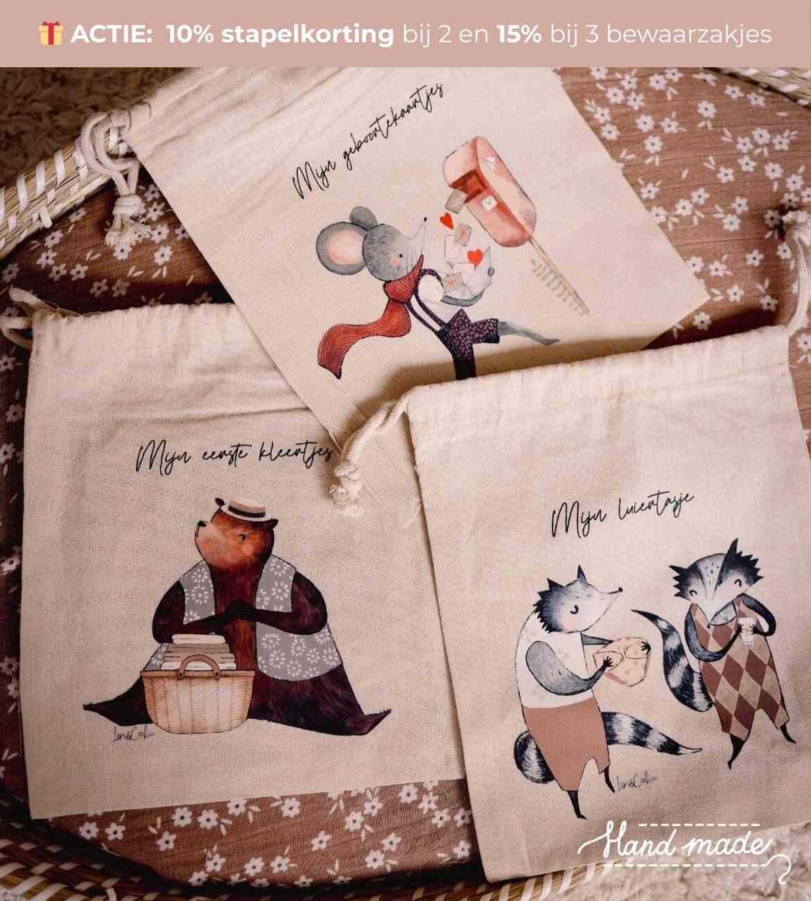 XL baby bewaarzakjes set van drie voor kleertjes, kaartjes en luiers