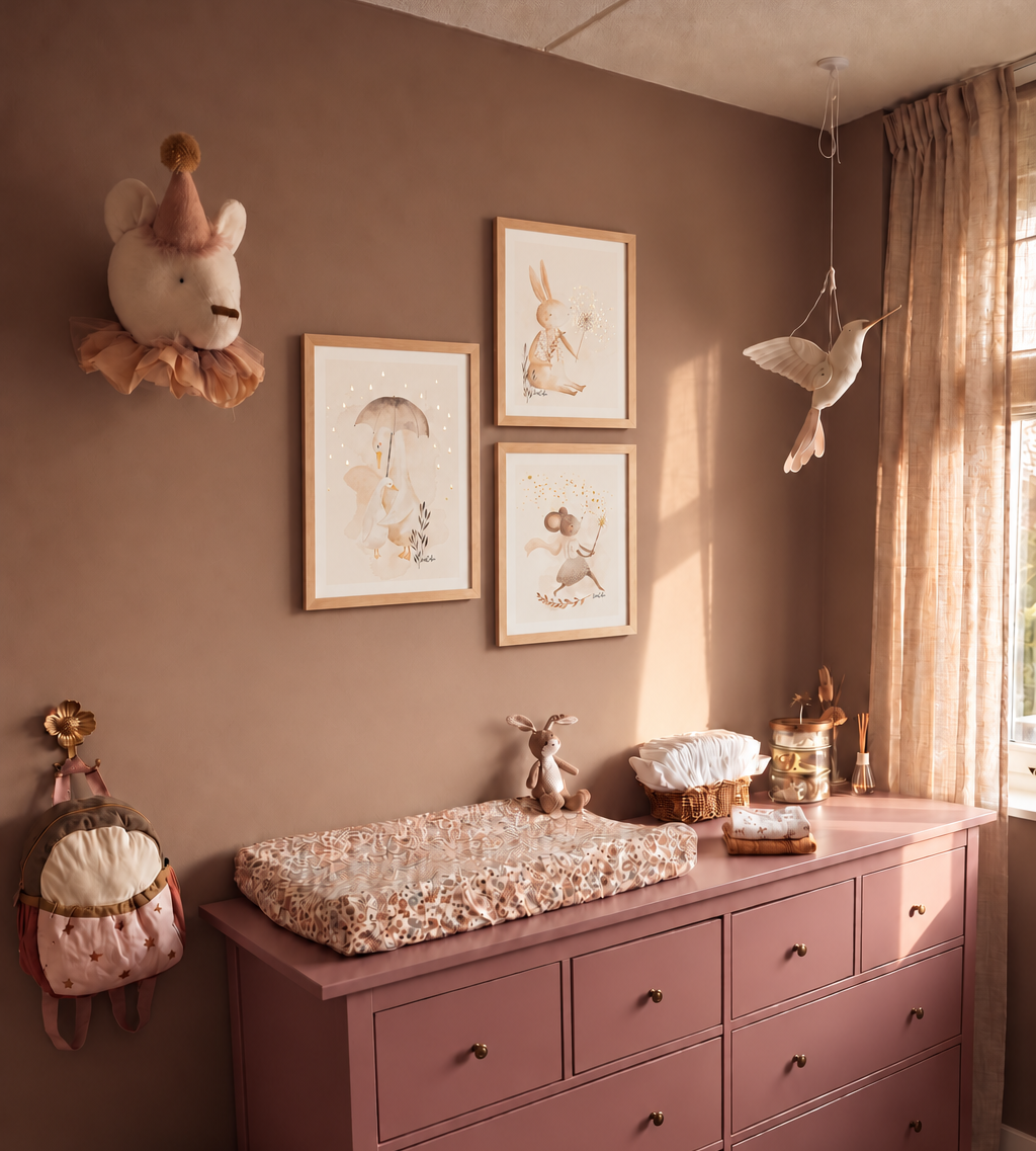 Babykamer in oudroze met commode en aquarel posters met goudfolie: Mama en Bobbie Gans, Konijntje Mia en Maggie Muis