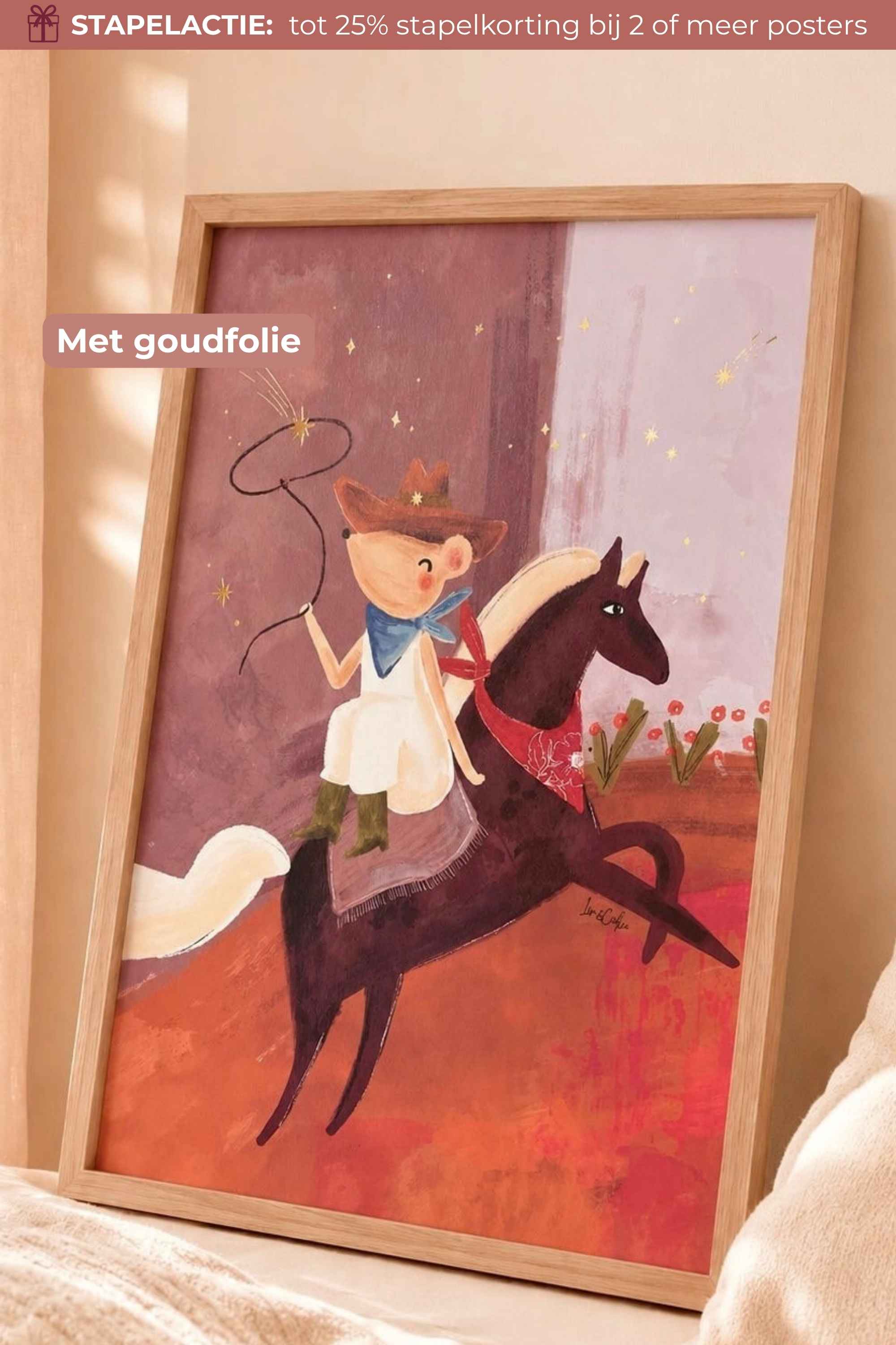 PRESALE: Handgeschilderde Kinderkamer Poster Goudfolie - Cowgirl Muis - A3