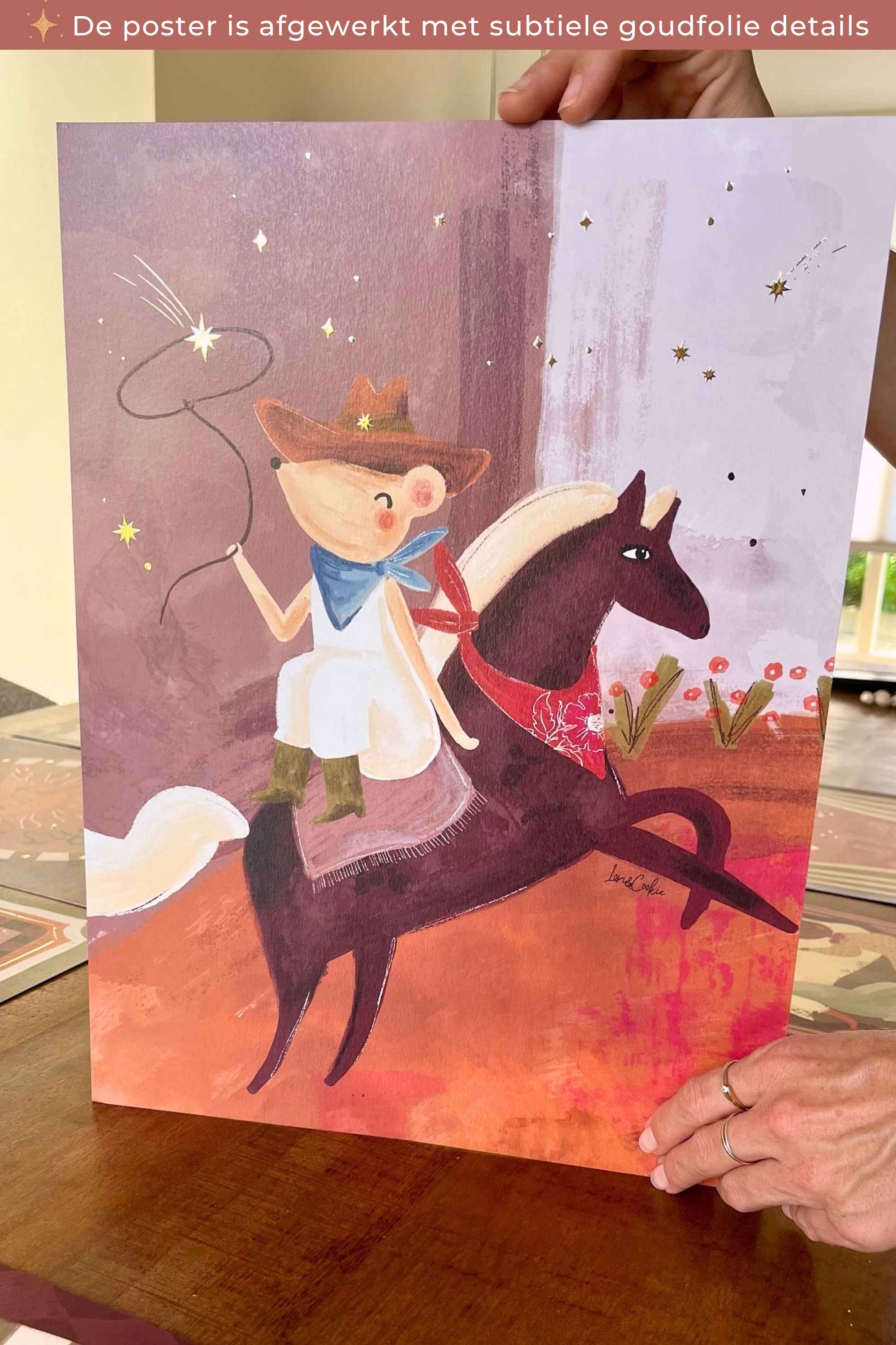 Handgeschilderde Kinderkamer Poster Goudfolie - Cowgirl Muis - A3