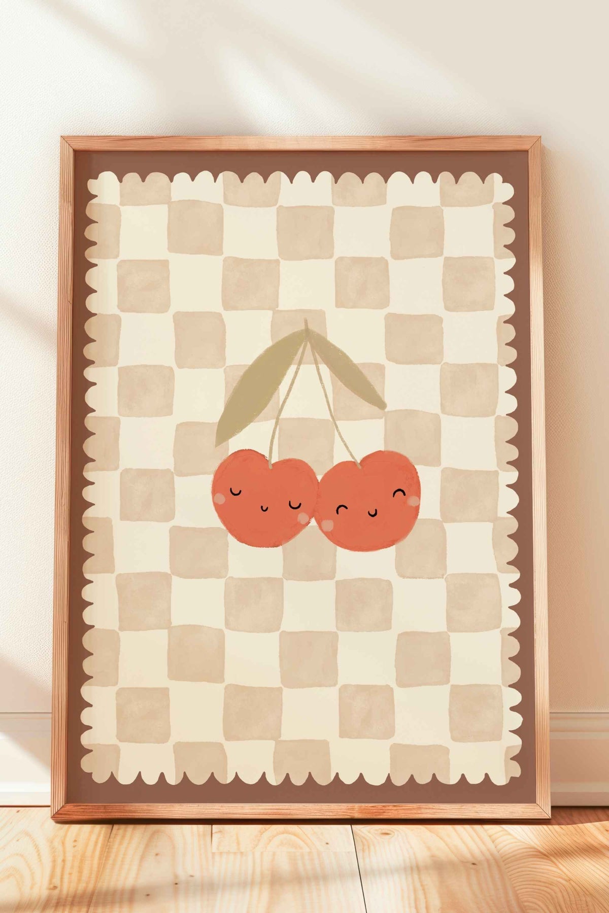 Kleurrijke handgeschilderde kinderkamerposter Blije Kersen met ruitjes