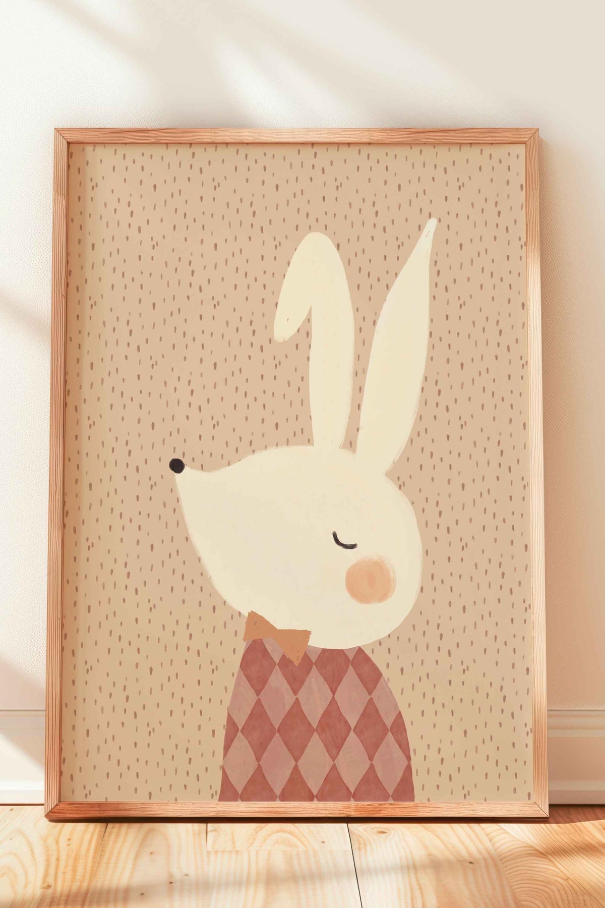 Kleurrijke handgeschilderde kinderkamerposter Groovy Bunny met strikje