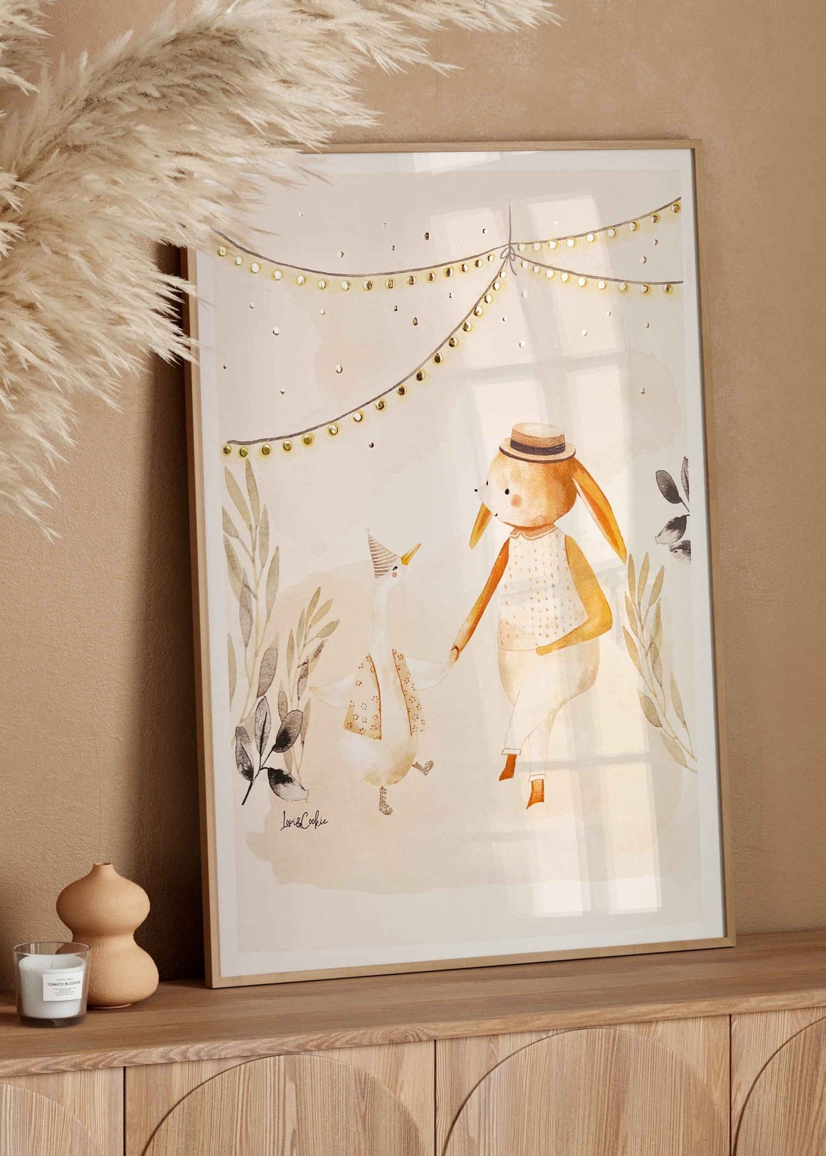 Handgeschilderde aquarel kinderkamerposter Het Tuinfeestje met goudfolie