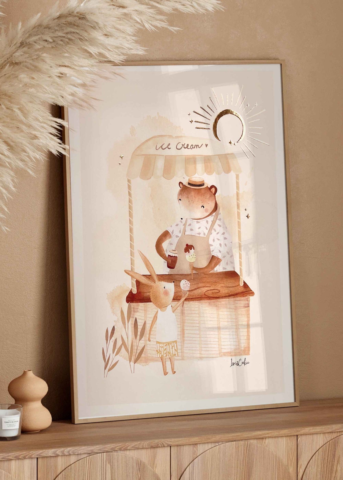 Handgeschilderde aquarel kinderkamerposter De IJscokar met goudfolie