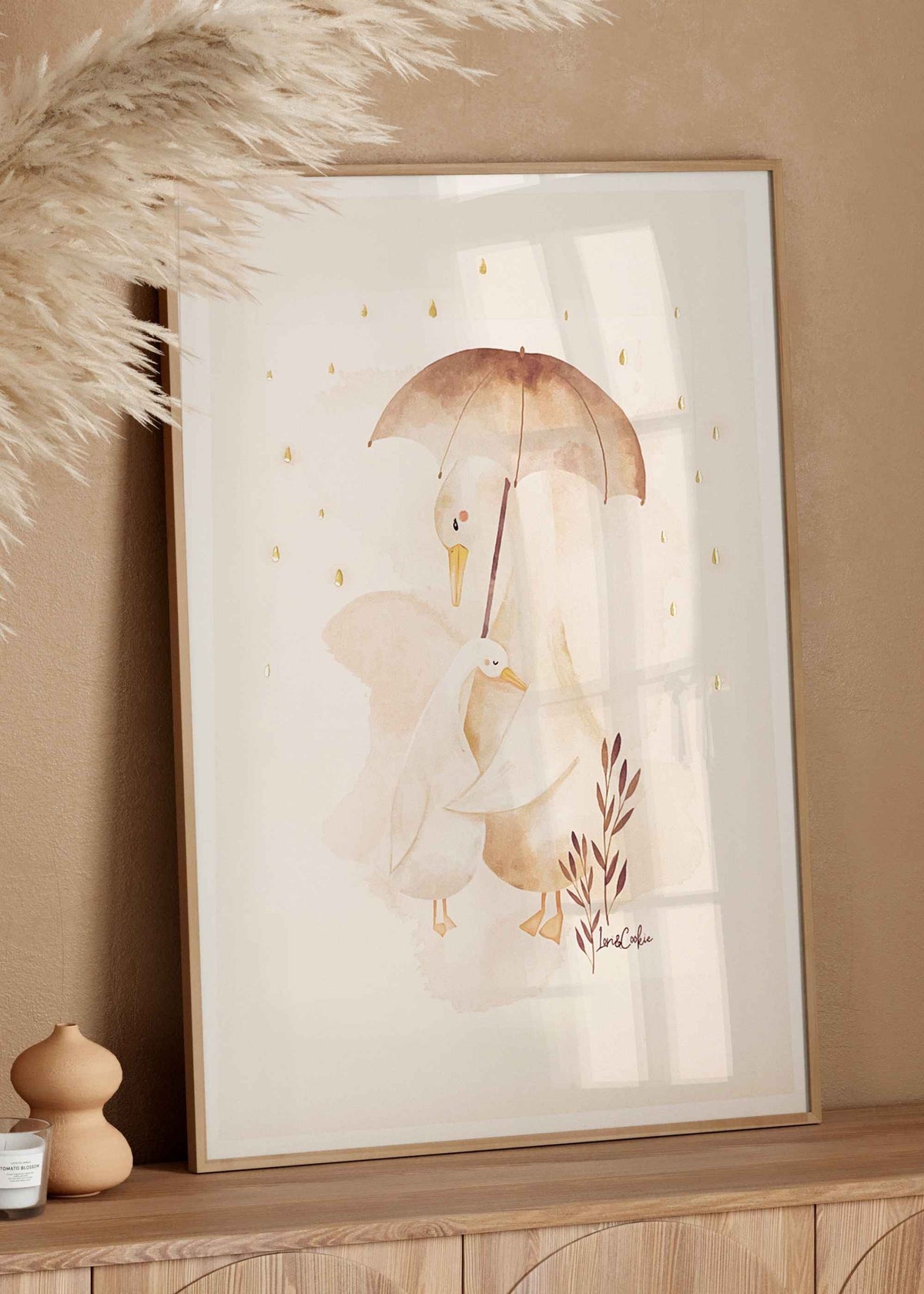 Handgeschilderde aquarel babykamerposter Mama en Bobbie Gans met goudfolie