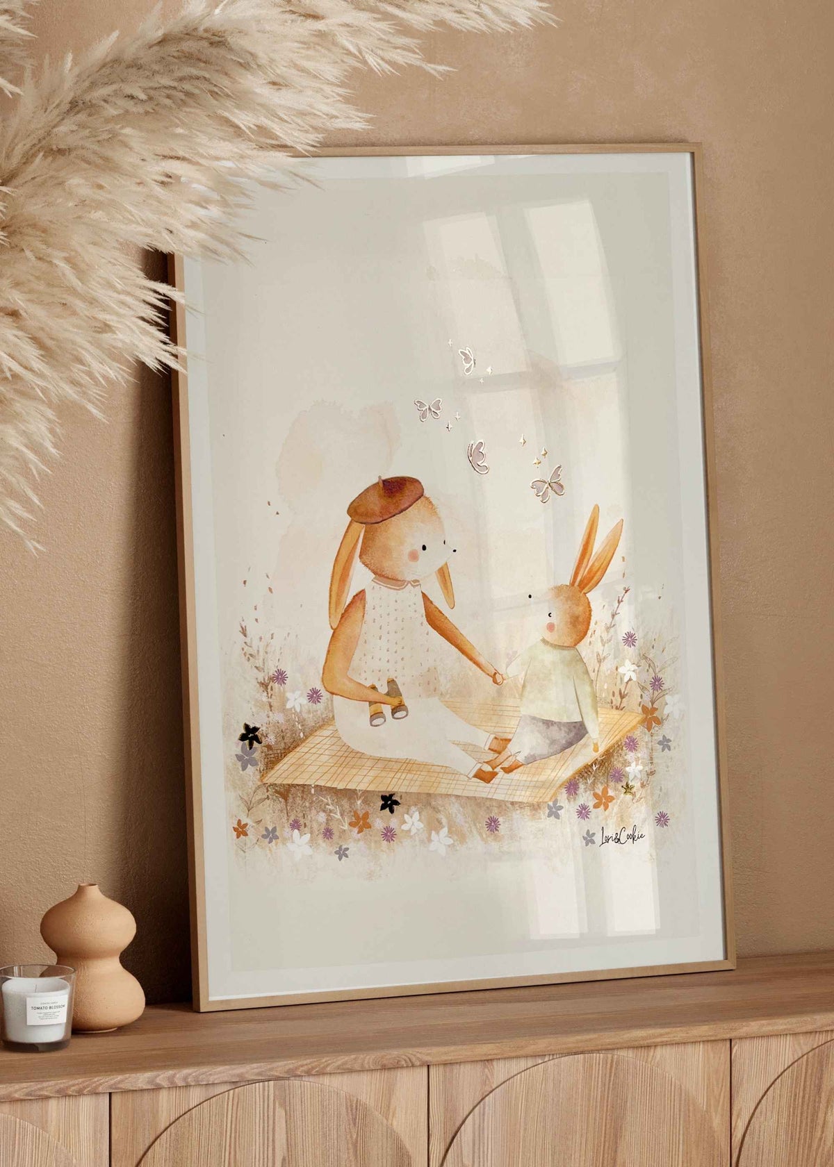 Handgeschilderde aquarel babykamerposter Mama en Mia Konijn met goudfolie