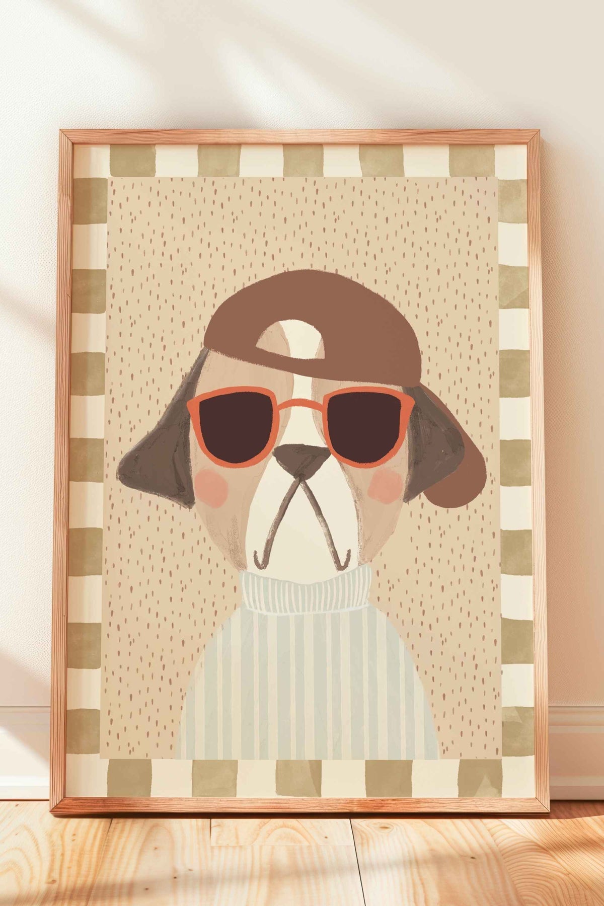 Kleurrijke handgeschilderde jongenskamerposter Mr. Dog met pet en zonnebril