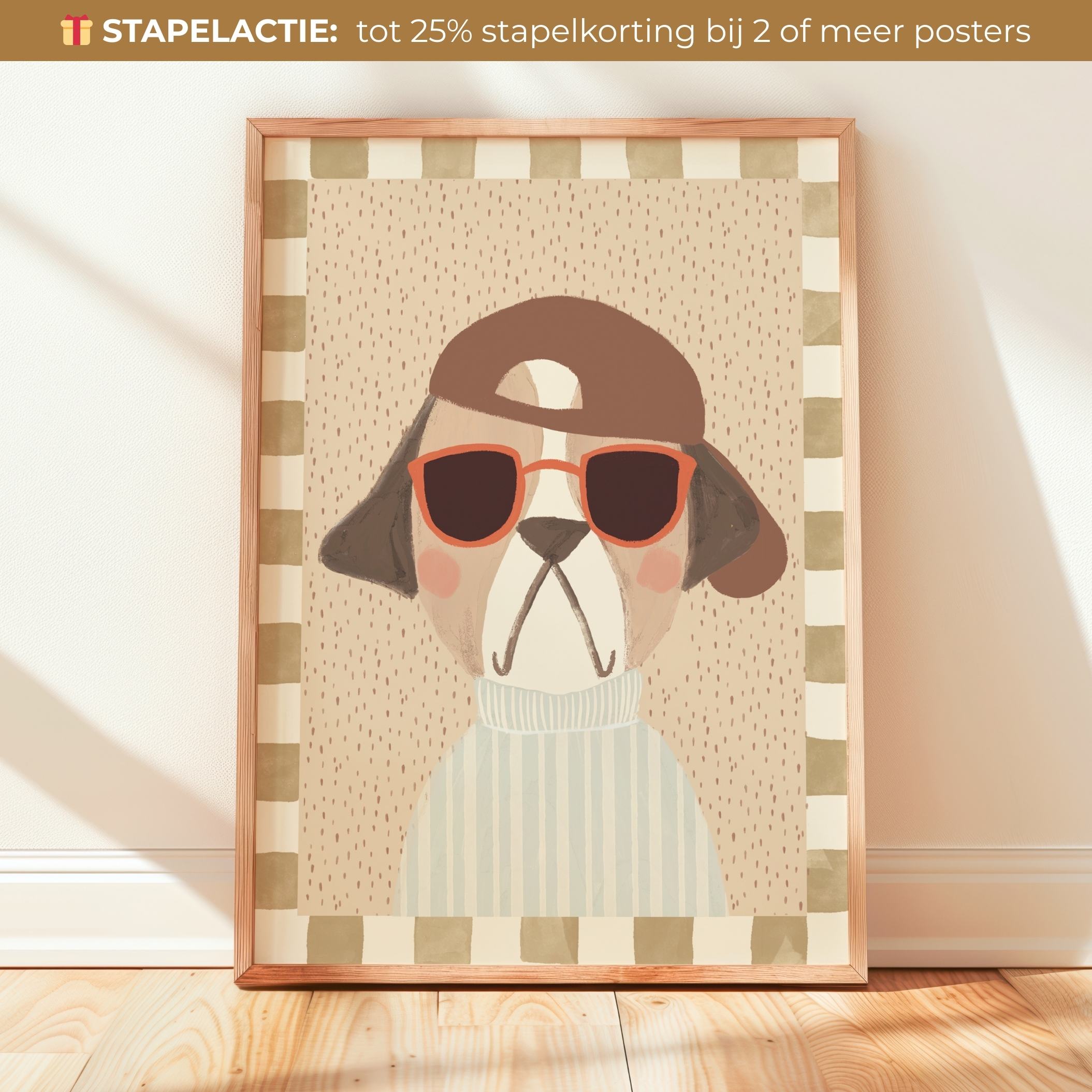 Handgeschilderde Kinderkamer poster met hond met pet en bril