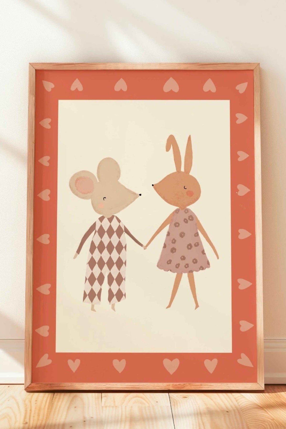Kleurrijke handgeschilderde meisjeskamerposter Muis en Konijn met hartjes