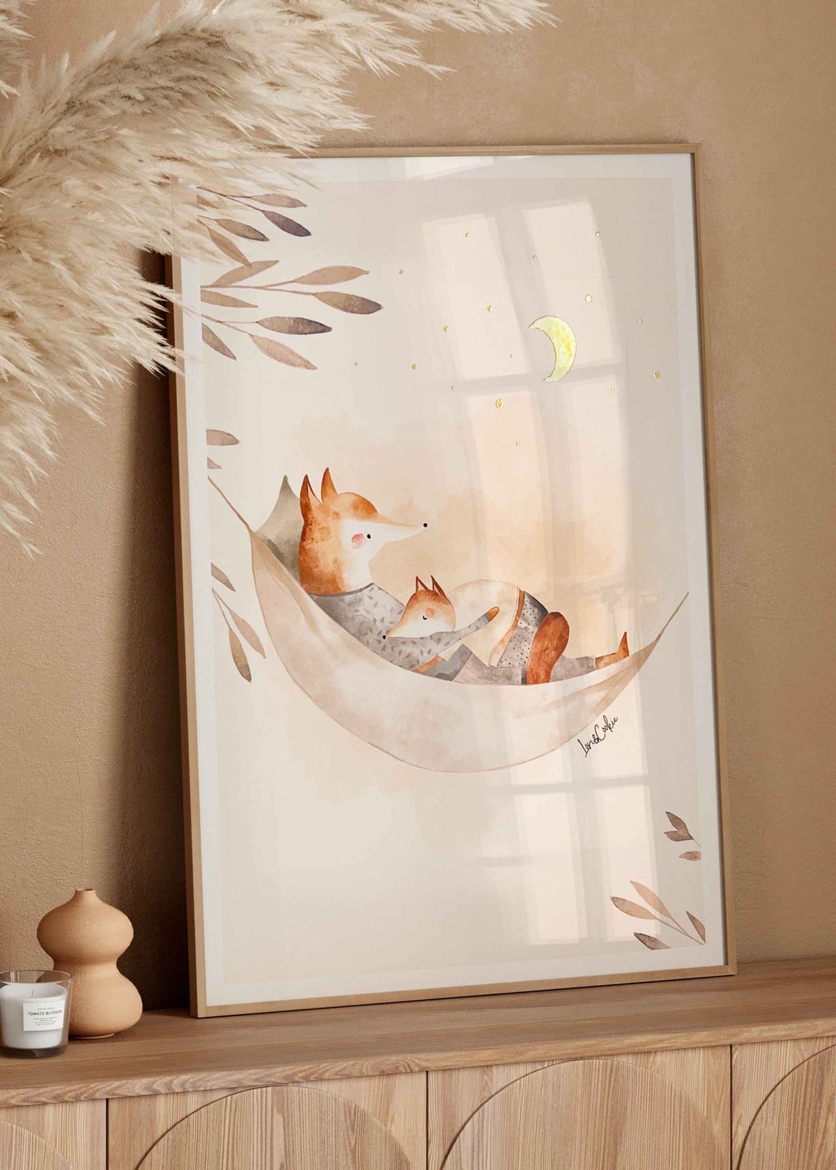 Handgeschilderde aquarel babykamerposter Papa en Vicky Vos met goudfolie