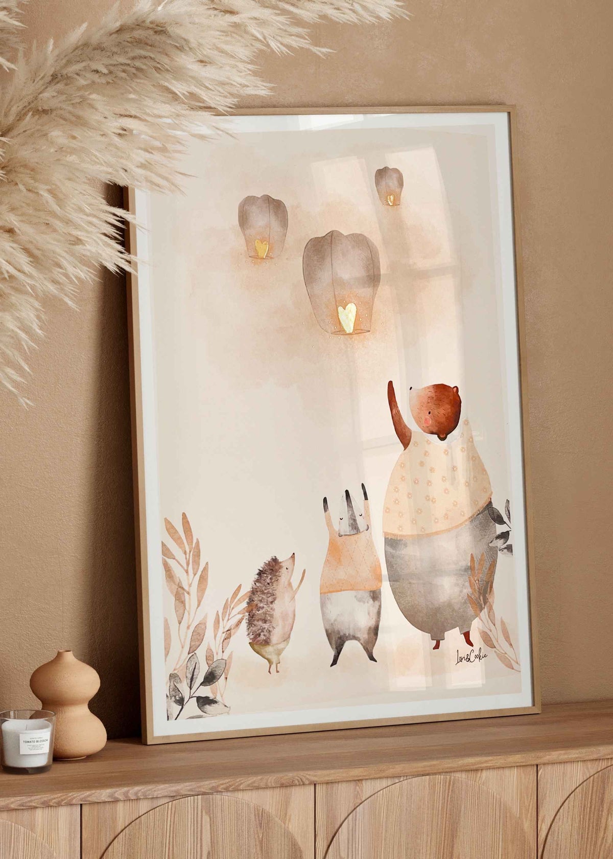 Handgeschilderde aquarel kinderkamerposter De Wensballonnen met goudfolie